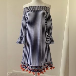 Cabana Life Blue and White Off the Shoulder Dress Size S